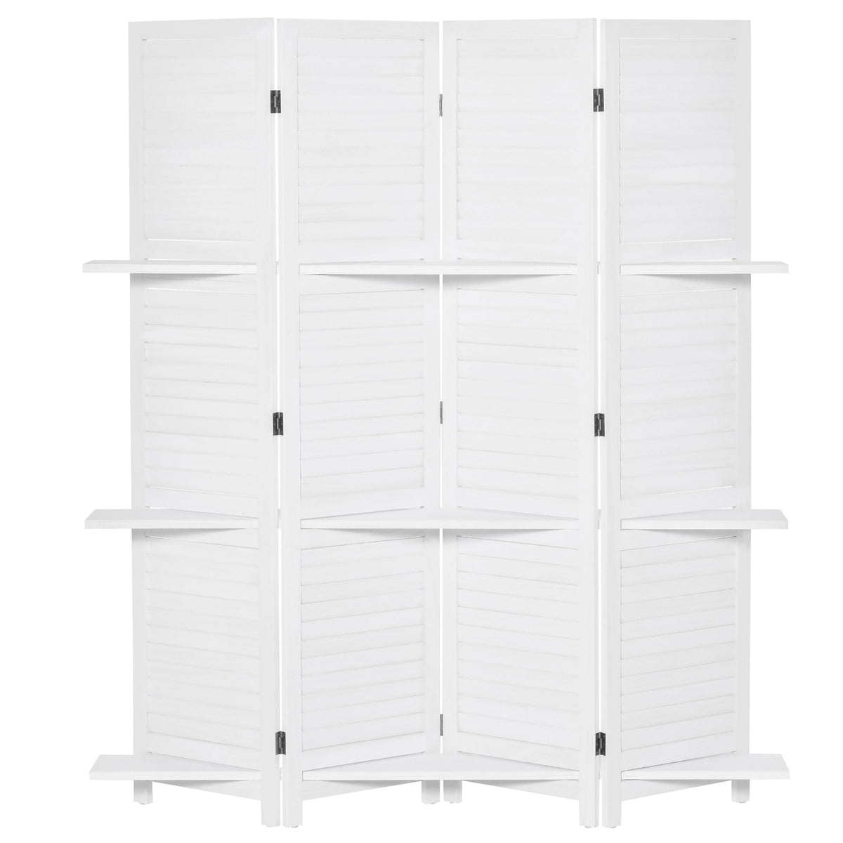 4-Panel Wall Partition Room Separator with 3 Storage Shelves Foldable Design Wooden Frame 5.6FT White