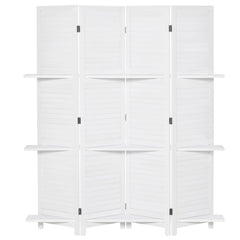4-Panel Wall Partition Room Separator with 3 Storage Shelves Foldable Design Wooden Frame 5.6FT White