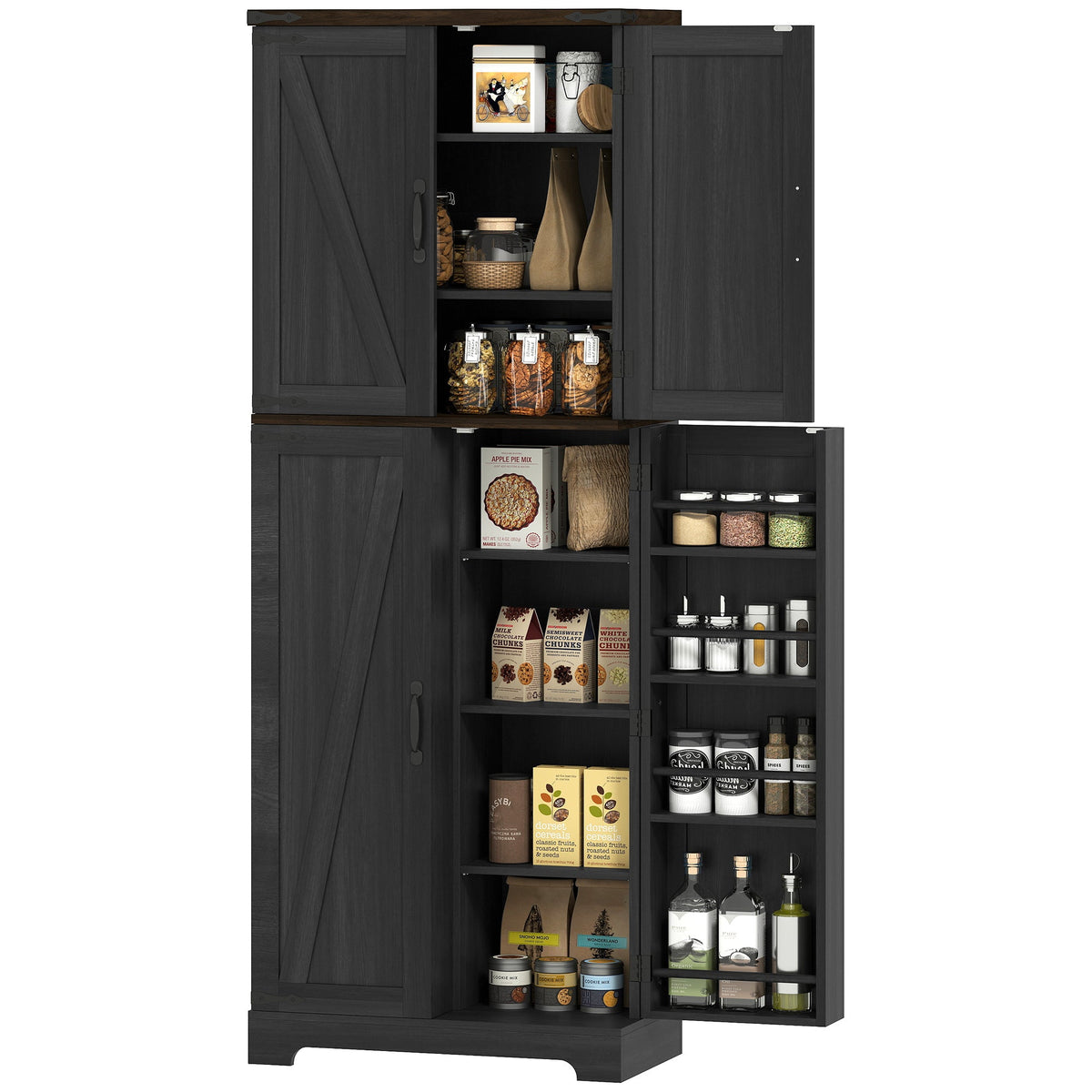 64" Tall Kitchen Pantry Cabinet with Spice Racks and Adjustable Shelves, Black Wood Grain