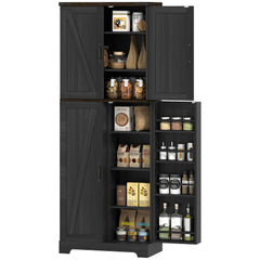 64" Tall Kitchen Pantry Cabinet with Spice Racks and Adjustable Shelves, Black Wood Grain