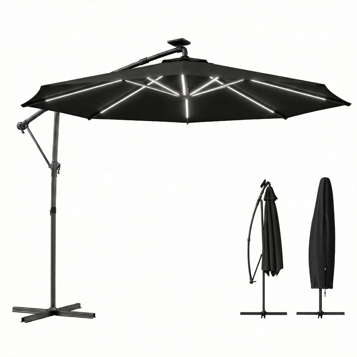 10 ft Offset Patio Umbrella with Solar Light, Garden Hanging Parasol with 360° Rotation, Tilt, Cover, Black