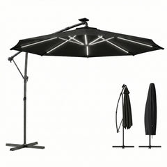 10 ft Offset Patio Umbrella with Solar Light, Garden Hanging Parasol with 360° Rotation, Tilt, Cover, Black