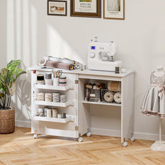 Sewing Machine Cabinet, Folding Sewing Table with Storage Shelf, Bins and Lockable Wheels for Small Space, Brown