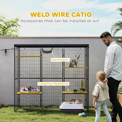 Weld Wire Catio Outdoor Indoor with Waterproof Cover, 4 Jumping Platforms, Hammock, 69" x 22" x 62", Black