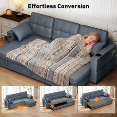 Convertible Sectional Sofa Bed, Pull Out Sleeper Sofa Couch with USB‑A+C, Chaise Storage, L-Shaped Futon Couch, Beige
