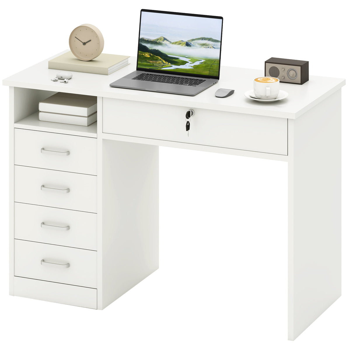 Home Office Desk with Storage, Computer Desk with Lockable Drawer and Open Compartment, White