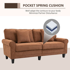 Modern 3 Seater Sofa, Corduroy Fabric 3 Seater Couch with Pine Wood Legs and Rolled Armrests for Living Room, Beige
