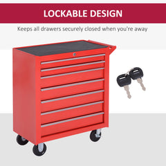 Rolling Tool Chest, 7-Drawer Lockable Tool Cabinet with 4 Wheels, Handle, Toolbox Storage Organizer for Garage, Workshop, Repair Shop, Red