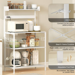Kitchen Baker's Rack with Power Outlet, Coffee Bar Station with Adjustable Shelves and Hooks, Distressed Grey