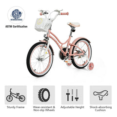 18 Inch Kids Bike with Detachable Basket and Removable Training Wheels, Pink
