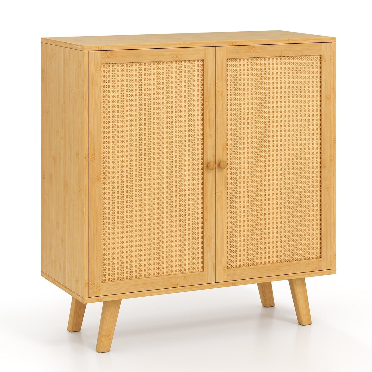 Bamboo Buffet Storage Cabinet with PE Rattan Doors and Freestanding Kitchen Cupboard-Natural