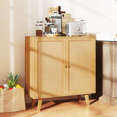 Bamboo Buffet Storage Cabinet with PE Rattan Doors and Freestanding Kitchen Cupboard-Natural