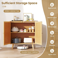 Bamboo Buffet Storage Cabinet with PE Rattan Doors and Freestanding Kitchen Cupboard-Natural