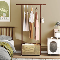 Bamboo Clothes Rack with Rattan Storage Basket and Wheels-Brown