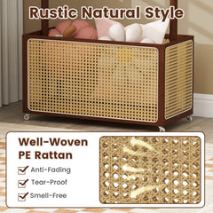 Bamboo Clothes Rack with Rattan Storage Basket and Wheels-Brown