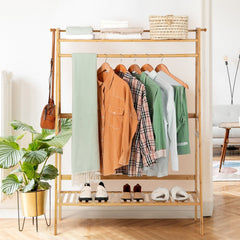 Bamboo Clothing Rack with Storage Shelves-Natural