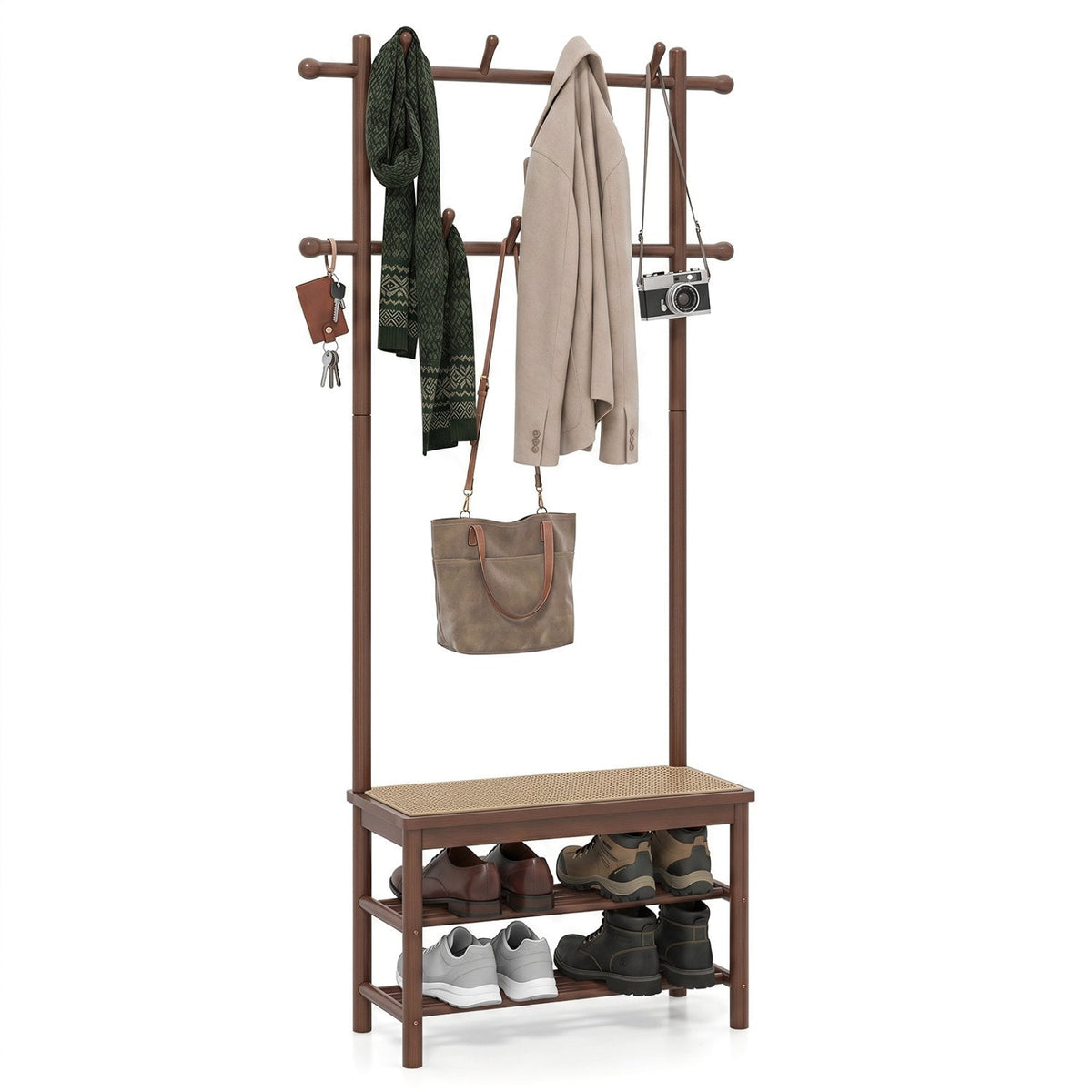 Bamboo Coat Rack PE Rattan Hall Tree with Bench and Shoe Storage 3-In-1 Entryway Bench-Brown