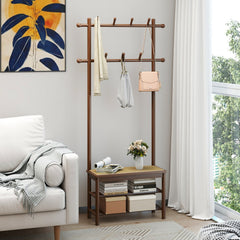 Bamboo Coat Rack PE Rattan Hall Tree with Bench and Shoe Storage 3-In-1 Entryway Bench-Brown