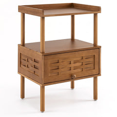 Bamboo Rattan Nightstand with Raised Edge Flip-Up Door and Open Shelf-Walnut