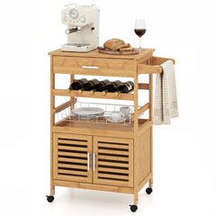 Bamboo Rolling Kitchen Island Trolley with Storage Cabinet and Wine Rack-Natural