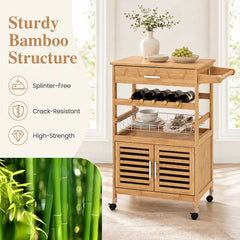 Bamboo Rolling Kitchen Island Trolley with Storage Cabinet and Wine Rack-Natural