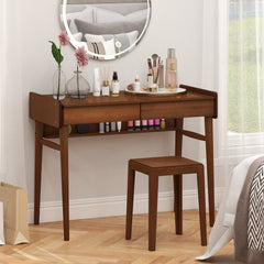 Bamboo Writing Desk with 2 Storage Drawers and Open Shelf-Walnut