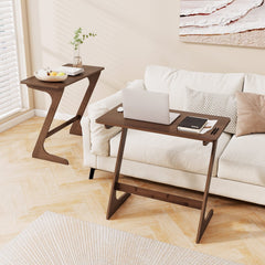Bamboo Z Shaped Sofa Side Table with Spacious Top, Walnut Toned Finish