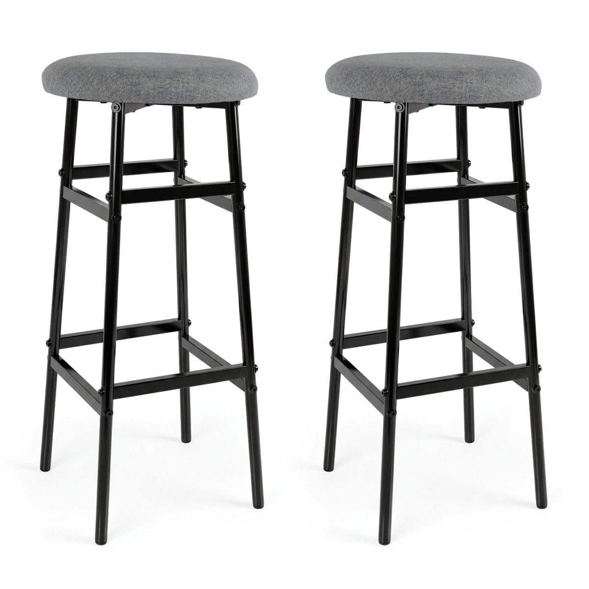 Set of 2 Backless Bar Stools with Black Metal Frame and Two Footrests, 29 Inch Seat Height