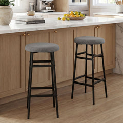 Set of 2 Backless Bar Stools with Black Metal Frame and Two Footrests, 29 Inch Seat Height