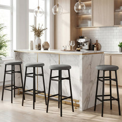 Set of 2 Backless Bar Stools with Black Metal Frame and Two Footrests, 29 Inch Seat Height