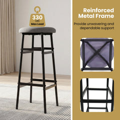 Set of 2 Backless Bar Stools with Black Metal Frame and Two Footrests, 29 Inch Seat Height
