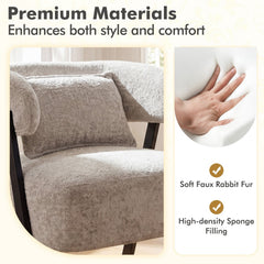 Barrel Accent Chair Faux Rabbit Fur Upholstered Armchair-Gray