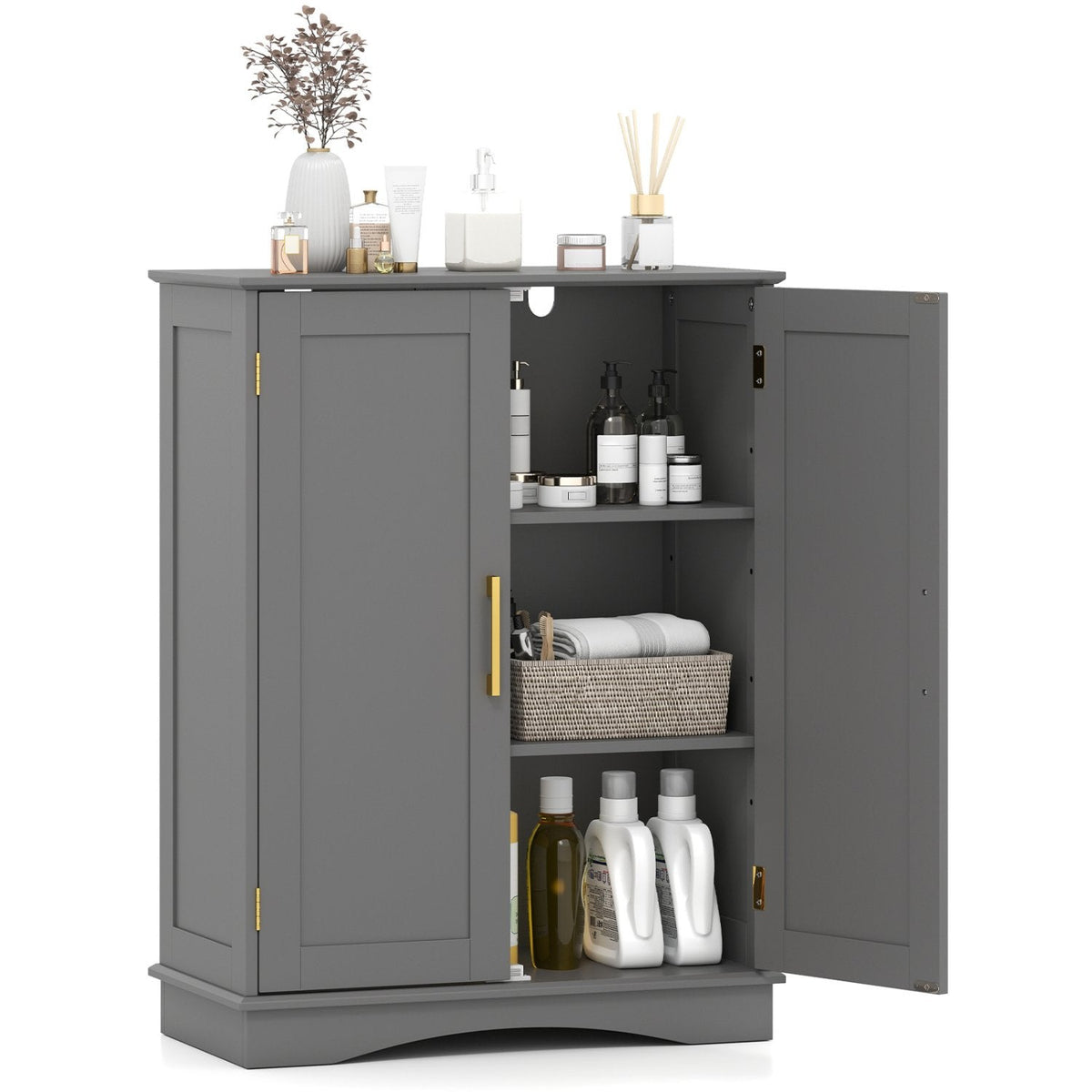 Bathroom Floor Storage Cabinet with 2 Doors and Adjustable Shelves-Gray