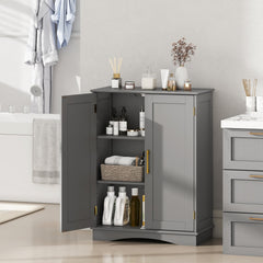 Bathroom Floor Storage Cabinet with 2 Doors and Adjustable Shelves-Gray