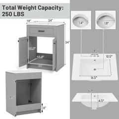 Bathroom Vanity Unit with Basin and 2 Doors-Gray