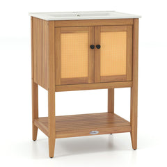 Bathroom Vanity with Ceramic Sink 2 Rattan Doors and Slatted Shelf