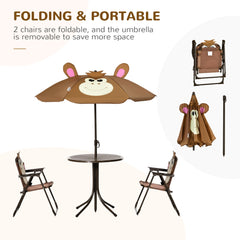 Kids Folding Picnic Table and Chair Set Pattern Outdoor Garden Patio Backyard with Removable & Height Adjustable Sun Umbrella Brown