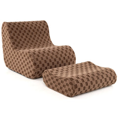Teddy Velvet Bean Bag Lounge Chair with Ottoman, 38 in Deep, Machine Washable Covers, Brown Check