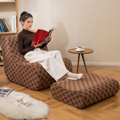 Teddy Velvet Bean Bag Lounge Chair with Ottoman, 38 in Deep, Machine Washable Covers, Brown Check