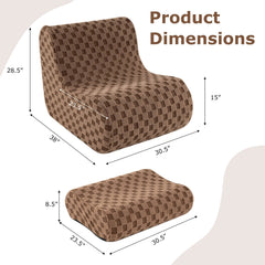 Teddy Velvet Bean Bag Lounge Chair with Ottoman, 38 in Deep, Machine Washable Covers, Brown Check