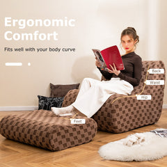 Teddy Velvet Bean Bag Lounge Chair with Ottoman, 38 in Deep, Machine Washable Covers, Brown Check