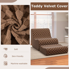 Teddy Velvet Bean Bag Lounge Chair with Ottoman, 38 in Deep, Machine Washable Covers, Brown Check