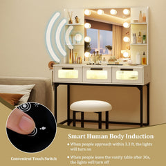 Bedroom Makeup Vanity Desk with Hollywood Mirror and Lights-White