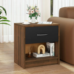 Bedside Table Nightstand with Drawer and Open Storage Shelf, Brown