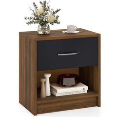 Bedside Table Nightstand with Drawer and Open Storage Shelf, Brown