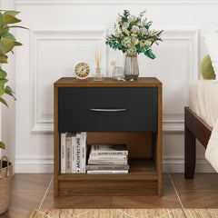 Bedside Table Nightstand with Drawer and Open Storage Shelf, Brown