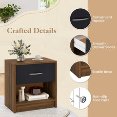 Bedside Table Nightstand with Drawer and Open Storage Shelf, Brown