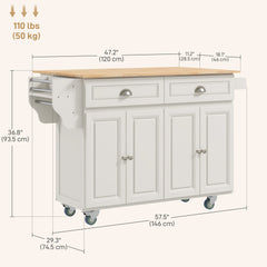 Kitchen Island with Storage, Rolling Kitchen Island with Drop Leaf, Rubber Wood Top and Adjustable Shelves, Cream White