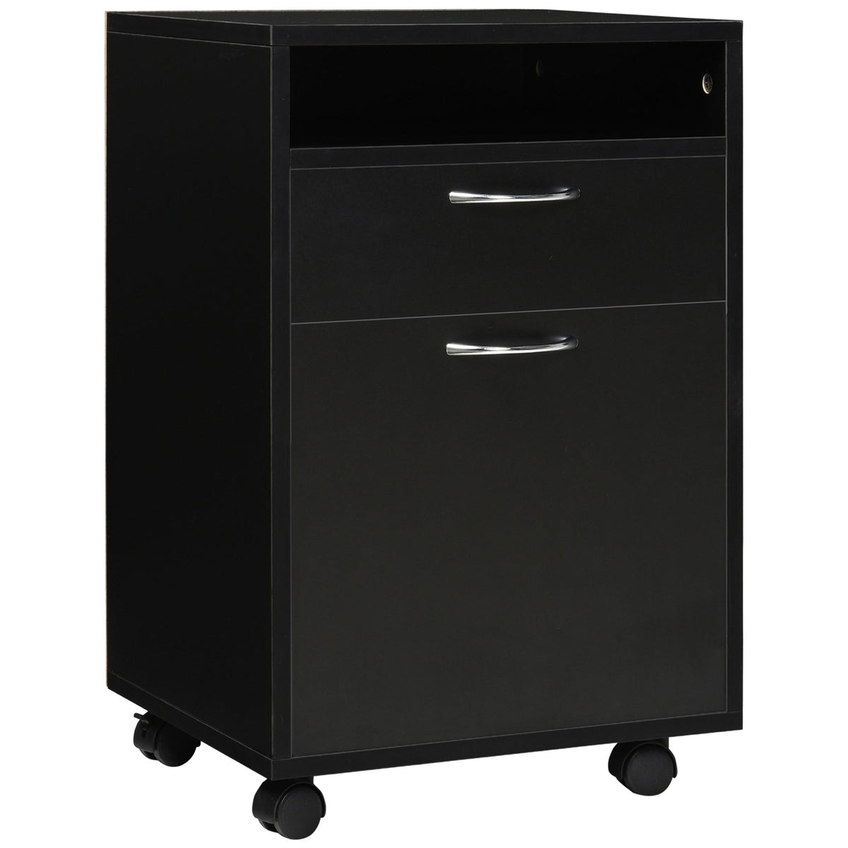 24" Small Filing Cabinet with Open Compartment, Drawer and Wheels, Home Office Storage Cabinet, Black
