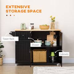 Rolling Kitchen Island with Storage, Utility Kitchen Island Cart with Drawer, Cabinets, Towel Rack and Rubber Wood Top
